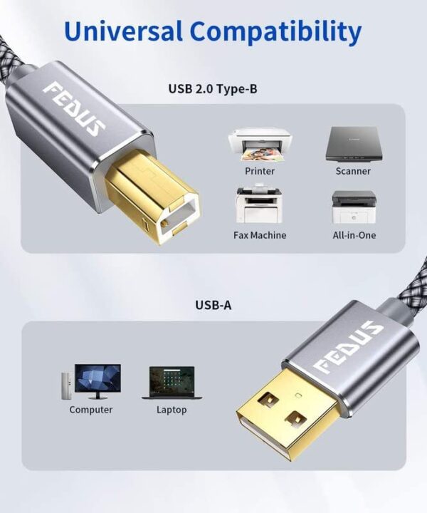FEDUS 1.5 Meter USB Printer Cable, Nylon Braided Gold Plated USB A to Male To USB B 2.0 Cable - Image 2
